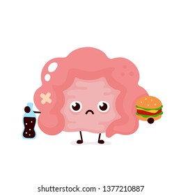 Sad unhealthy sick Intestine with bottle of soda and burger. Vector modern style cartoon character illustration icon. Isolated on white background. Unhealthy nutrition,fast food concept