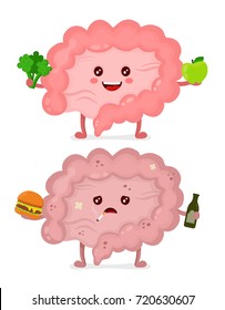 Sad unhealthy sick Intestine with bottle of alcohol and smoking cigarette,burger and strong healthy happy Intestine with broccoli and apple. Vector modern cartoon character illustration icon design.