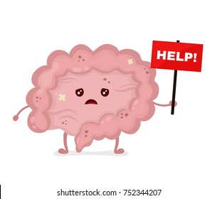 Sad unhealthy sick Intestine with nameplate help. Vector modern style cartoon character illustration icon design. help unhealthy Intestine concept.