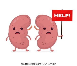 Sad unhealthy sick kidneys
 with nameplate help. Vector modern style cartoon character illustration icon design. help unhealthy kidneys concept.