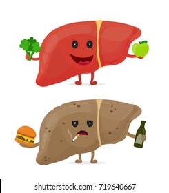 Sad unhealthy sick liver with alcohol bottle,smoking cigarette,burger and strong healthy happy liver with broccoli,apple.Vector style cartoon character illustration icon.Food,disease ache,anatomy