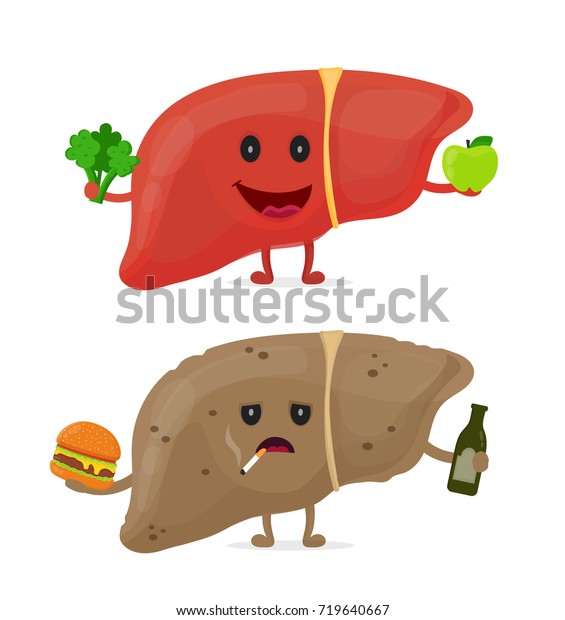 アルコールとたばこを吸う瓶 ハンバーガー 強く健康に良い肝臓とブロッコリーとリンゴを持つ 悲しい不健康な肝臓 ベクターモダンスタイルの漫画のキャラクタ イラストアイコンデザイン のベクター画像素材 ロイヤリティフリー