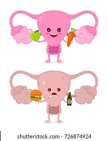 Sad unhealthy sick uterus with bottle of alcohol and smoking cigarette,burger and strong healthy happy uterus with carrot and apple. Vector modern cartoon character illustration icon design.