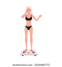 Sad unhealthy skinny girl in underwear is standing on the weight. Anorexia, Eating disorder concept. Weight measurement and control nervosa, dieting and health problem vector illustration