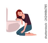 Sad unhealthy woman vomiting in toilet. Bulimia, anorexia disease. Eating disorder concept. Nervosa, poisoning illness and health problem of female character vector illustration isolated on white