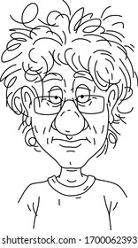 Sad and unkempt man with a boring face in glasses a month later in quarantine at home during virus pandemic, outlined black and white vector cartoon illustration on a white background