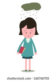 Sad and upset businesswoman, standing alone in desperated emotion with cloud and rain. This character can be used presenting to people who are lonely, depressed, failed, lost job, or broken heart. 