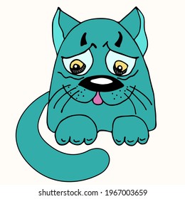 Sad and upset cat character drawn with marker. Cartoon character, imitation of a child s drawing.