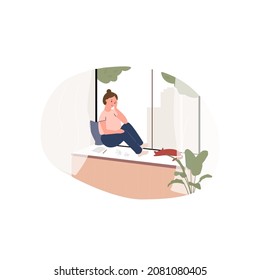 A sad, upset and disappointed girl sits on the windowsill. Modern flat vector illustration.