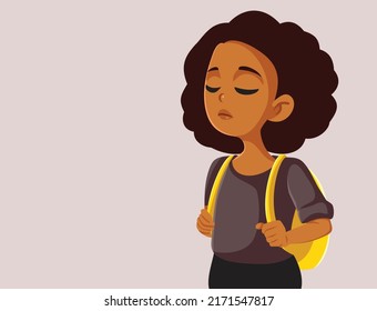 
Sad Upset Female Student Carrying School Bag Vector Illustration. Worried young girl having back pains from heavy backache 
