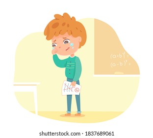 Sad upset kid in school with bad mark on paper. School education vector illustration. Boy crying after receiving bad grade on test or homework. Classroom interior design background.