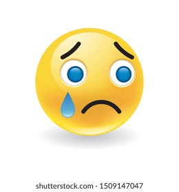 Sad upset little yellow round emoticon crying with a large blue teardrop and morose expression over white with drop shadow, vector illustration