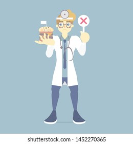 sad and upset male doctor holding wrong, incorrect sign symbol with junk food, health care concept for hospital, flat vector illustration cartoon character design