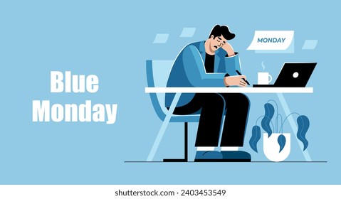 A sad, upset man is sitting at his desk in the office. Blue Monday. Cartoon, flat, vector illustration