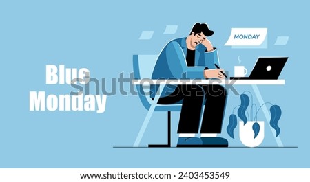 A sad, upset man is sitting at his desk in the office. Blue Monday. Cartoon, flat, vector illustration