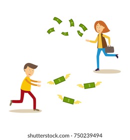 Sad, upset man and woman running after money flying away, cartoon vector illustration isolated on white background. Stressed man and woman running after flying dollar banknotes, money with no success