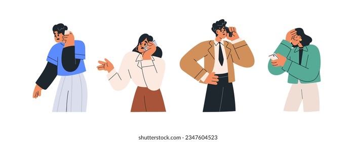 Sad upset people during unpleasant mobile phone calls. Stressed worried men, women talking on cellphone about bad news, problems. Flat graphic vector illustrations isolated on white background