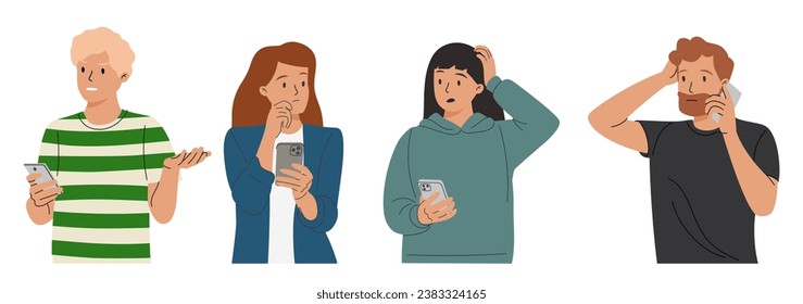 Sad upset people during unpleasant mobile phone calls. Stressed worried men, women talking on cellphone about bad news, problems. Flat graphic vector illustrations isolated on white background