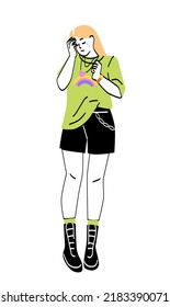 Sad and upset person. Crying woman wipes tear with hand. Upset girl in despair and depression. Relationship breakdown and loneliness. Grief and sorrow. Cartoon flat vector illustration in doodle style
