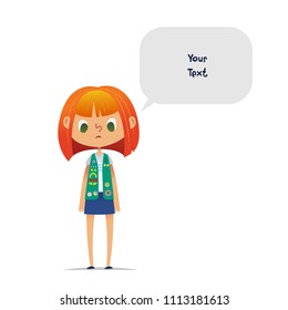 Sad or upset redhead teenage girl scout wearing vest with colorful badges and patches and speech balloon with place for text isolated on white background. Female scouter, member of troop, speaker.