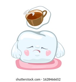 Sad, upset tooth thinking about harm of cup of hot black, sweet coffee, drinking of which can change color of its enamel and cause tooth decay, cavity, caries. Vector cartoon illustration on white.