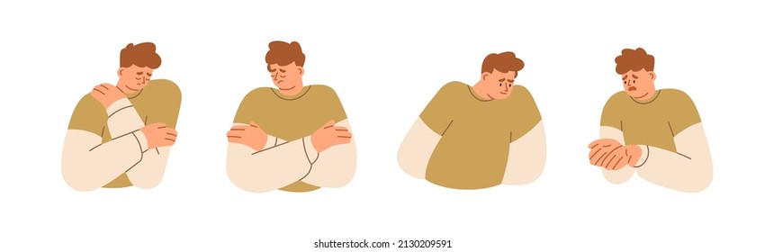 Sad, upset, unhappy men set. Depressed, confused, disappointed and ashamed person. Lonely people in despair, grief with negative emotions. Flat graphic vector illustration isolated on white background