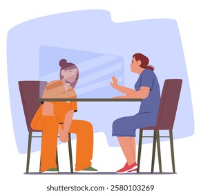 Sad upset woman prisoner cartoon character wearing orange costume having meeting time with relatives vector illustration. Guilty adult daughter criminal speaking with mother through hard glass in jail