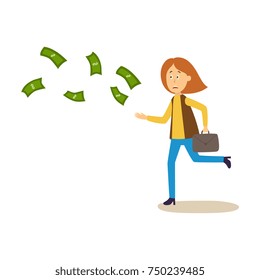 Sad, upset woman running after money flying away, cartoon vector illustration isolated on white background. Stressed woman try to grab flying money, earning, wealth, spending concept