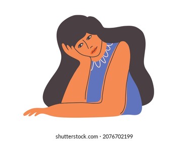 Sad upset woman sitting resting head on hand. Unhappy lonely aloof look girl. Depression, anxiety, mental health problem. Tired worried mother waiting at home. Frustrated female vector illustration