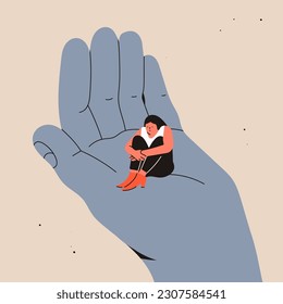 Sad, upset young lady sitting on a big hand. Giant hand holding tiny woman. Psychological help, mental issues, medical help, support, healthy lifestyle concept. Hand drawn Vector illustration