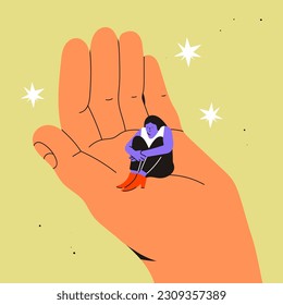 Sad, upset young lady sitting on a big hand. Giant hand holding tiny woman. Psychological help, mental issues, medical help, support, healthy lifestyle concept. Hand drawn Vector illustration