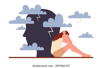 Sad upset young woman sitting under rain clouds of anxiety emotion vector illustration. Cartoon lonely girl thinking about troubles. Mental health, frustration, melancholy concept isolated on white