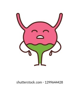 Sad urinary bladder character color icon. Unhealthy urinary tract. Urinary system diseases. Cystitis. Isolated vector illustration