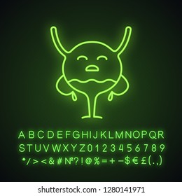 Sad urinary bladder character neon light icon. Unhealthy urinary tract. Urinary system diseases. Cystitis. Glowing sign with alphabet, numbers and symbols. Vector isolated illustration