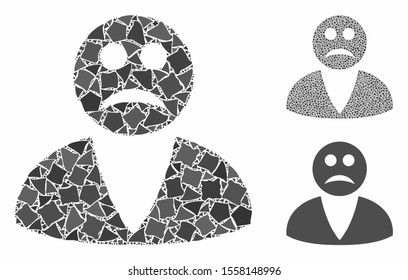 Sad user composition of joggly items in different sizes and color tints, based on sad user icon. Vector rough items are united into composition. Sad user icons collage with dotted pattern.