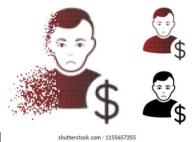 Sad user dollar icon in sparkle, pixelated halftone and undamaged whole variants. Cells are arranged into vector disappearing user dollar symbol. Human face has dolor emotions.