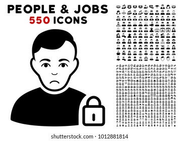 Sad User Lock pictograph with 550 bonus pitiful and happy men graphic icons. Vector illustration style is flat black iconic symbols.