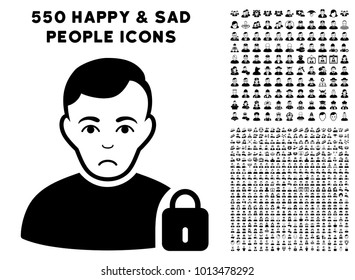 Sad User Locked pictograph with 550 bonus pitiful and happy person clip art. Vector illustration style is flat black iconic symbols.