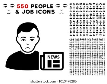 Sad User News pictograph with 550 bonus pity and happy user design elements. Vector illustration style is flat black iconic symbols.