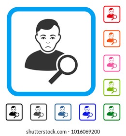 Sad User Search vector pictogram. Person face has mourning emotion. Black, grey, green, blue, red, pink color versions of user search symbol inside a rounded frame.