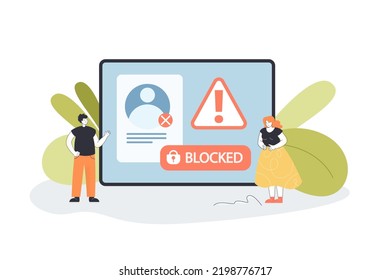 Sad users by phone with blocked account on screen. Denied profile access by tiny man and woman flat vector illustration. Network, social media concept for banner, website design or landing web page