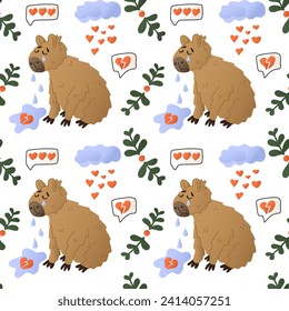 Sad Valentines capybara with tears seamless pattern. Cute flat animal cartoon characters with hearts, cloud, branches. St Valentines day concept pattern on white background