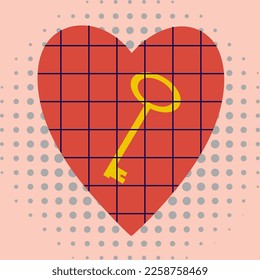 Sad Valentines Day greeting card. Valentine card. Conception of love. Heart with a key behind bars. Trends retro cartoon style.