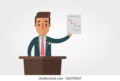 Sad Vector Businessman Making Presentation at the Podium