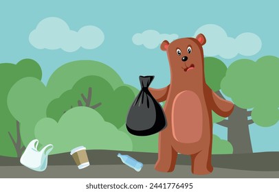 
Sad Vector Cartoon Bear Picking up Garbage in a Forest. Concept image about tourism littering the wild ecosystems 
