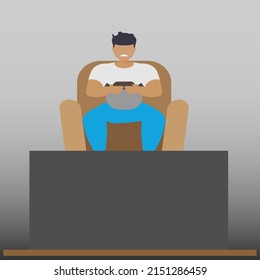 A Sad Vector Illustration of a young person suffering from addiction sitting in front of a monitor in a dark room, Bad habits concept, overweight lifestyle concept, Unhealthy dependence on technology