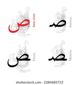 SAD vector Isolated Final Medial Initial Contextual forms Arabic Alphabet Type Character Letter Script Naskh script Baseline Outline Shadow Structure Dot Point Hamzah Form Background Overlap Red White