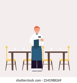 Sad Waiter In An Empty Restaurant. Tables And Chairs. Character Illustration