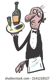 Sad Waiter. Restaurant, Bar, Work In A Cafe. Vector Illustration