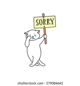 Sad white cat holding a "Sorry" sign isolated on white background. Doodle vector illustration